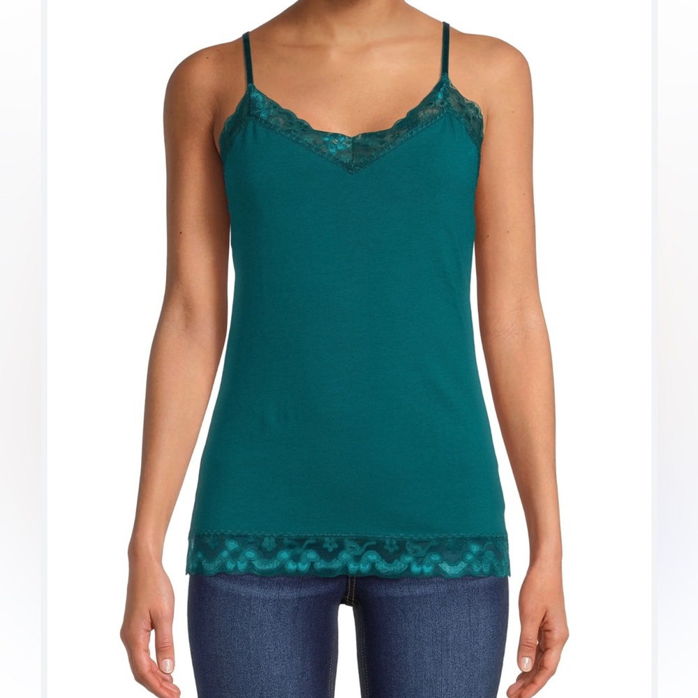 Y2K Camisole Tank Top Spaghetti Straps 90s Lace Teal Blue Tight‎ Stretch Large